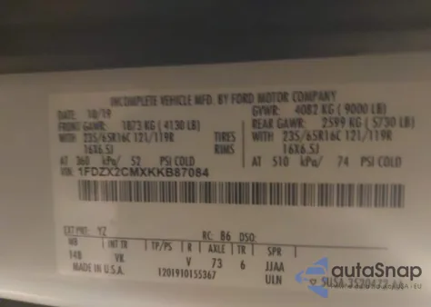 2019 Ford Transit-350 Xl z USA, uszkodzony, nr VIN 1FDZX2CMXKKB87084